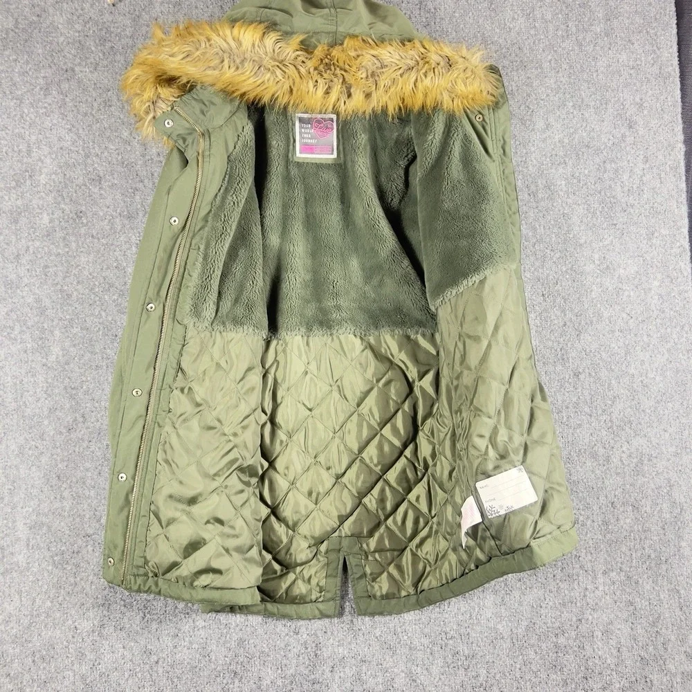 Justice Girls Parka Jacket Size 18 20 Olive Green Faux Fur Hood Winter Coat